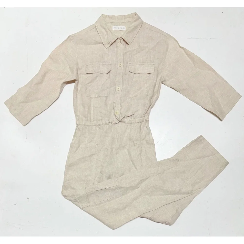 Zara Women's Tan Beige Jumpsuit Size 11-12 152‎ cm Long Sleeve Button Up Linen